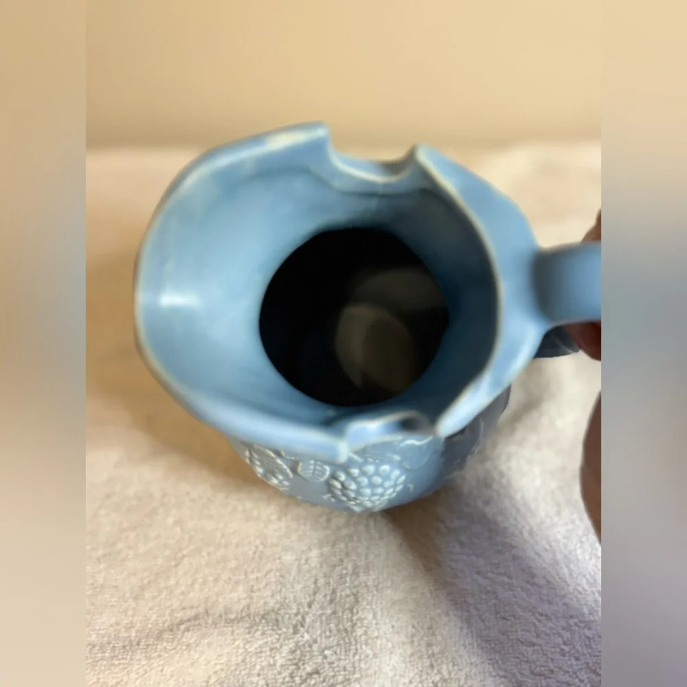 Vintage Blue Pottery Vase Pitcher Grape Design 7in